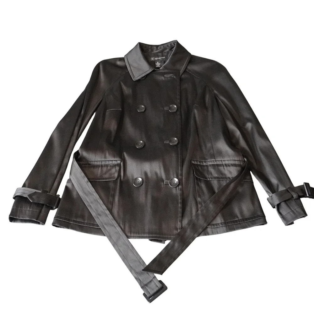 INC International Concepts‎ Petite Brown Double Breasted Belted Trench Coat